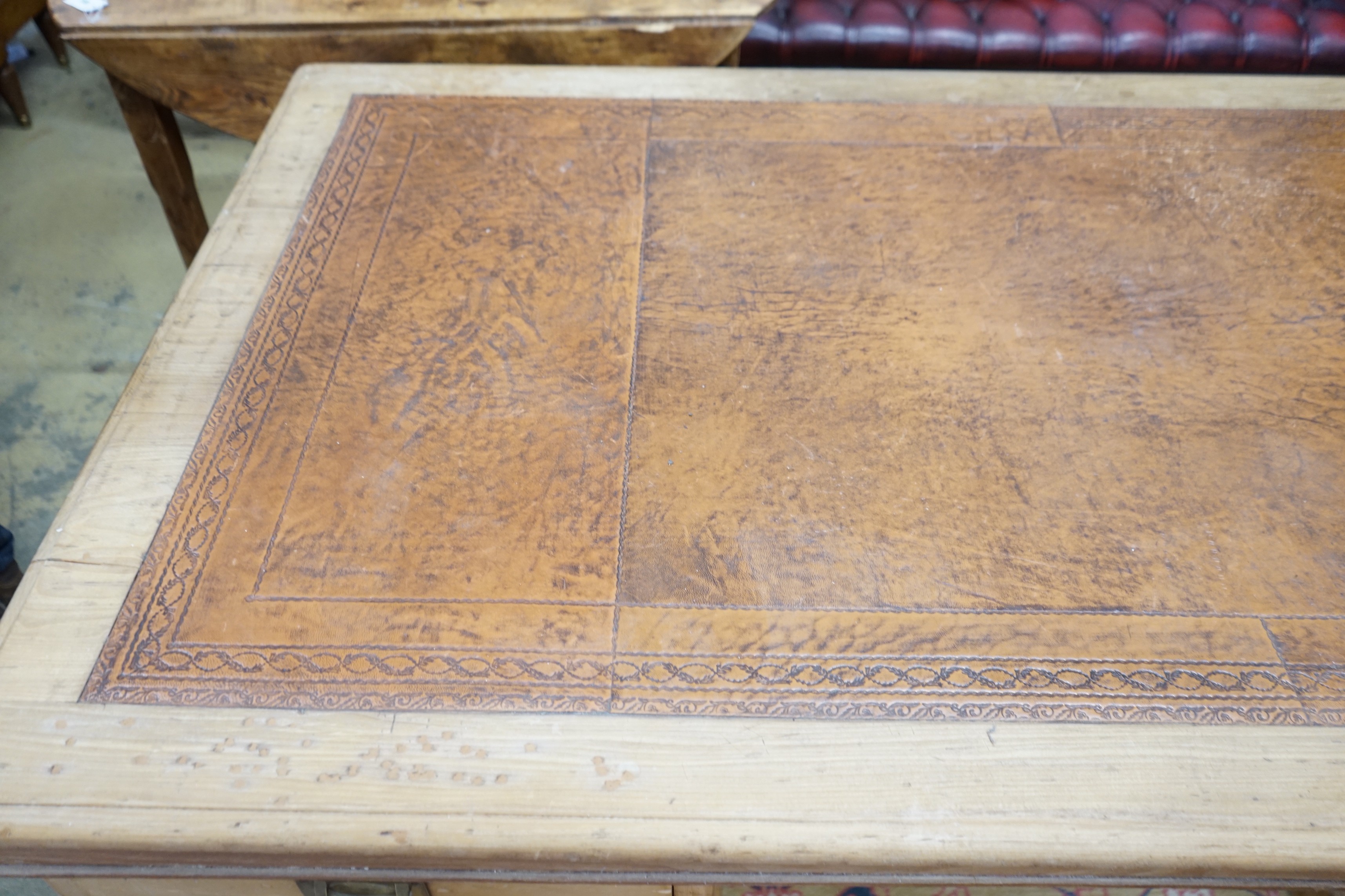 A Victorian and later military style pine pedestal desk, width 182cm, depth 98cm, height 76cm